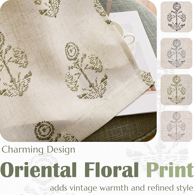 jinchan Linen Floral Curtains for Living Room 63 Inch Length Green Flower Cottage Core Farmhouse Curtains Rod Pocket Back Tab Boho Semi Sheer Window Drapes Bedroom Set 2 Panels Green on Beige - Image 5
