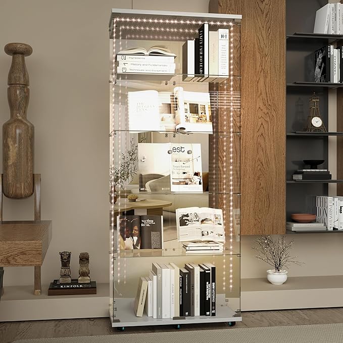 Yoluckea 5 Tiers Glass Display Cabinet with Bluetooth LED Light Strip, 2 Doors Floor Standing Curio Cabinet with Universal Wheel and Mirror Back Panel, White Glass Bookshelf for Collections, Wood Top - Image 5