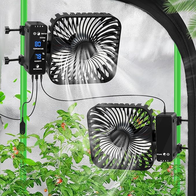 6" Grow Tent Fan with Temp & Humidity Display, Auto Temp & Humidity Control, 4 Speeds, 90° Oscillation, 2-Pack by DAOTAILI
