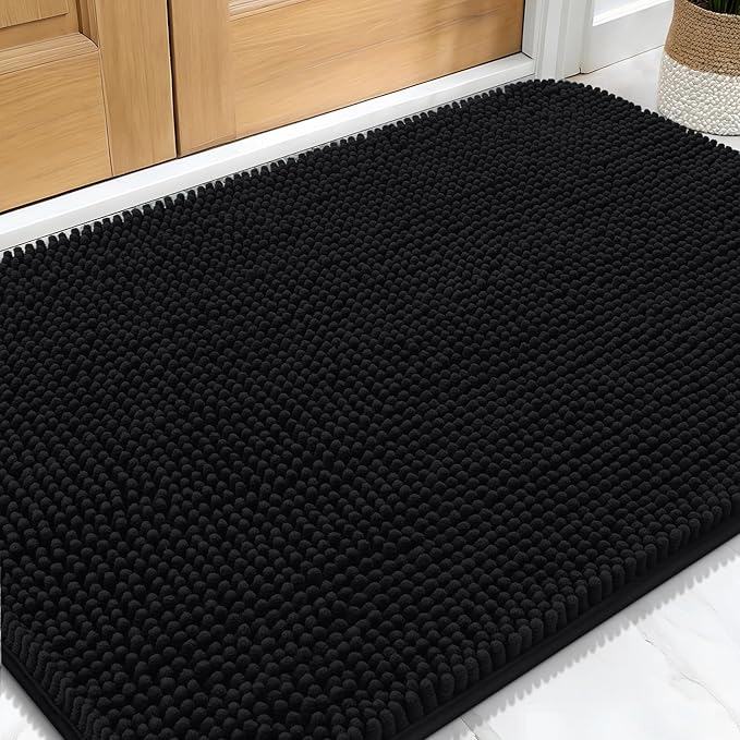 OLANLY Dog Door Mat for Muddy Paws 30x20, Absorbs Moisture and Dirt, Absorbent Non-Slip Washable Doormat, Quick Dry Chenille Mud Mat for Dogs, Entry Indoor Entryway Carpet for Inside Floor, Black by OLANLY