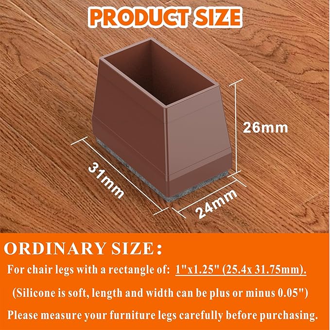 Rectangle Chair Leg Protectors for Hardwood Floors,16 PCS Silicone Covers to Protect Wood Tile Floors Felt Pads Furniture Leg Caps Reduce Noise. Easy to Move.(Brown,1 x 1.25 Inch,Rectangle) - Image 2