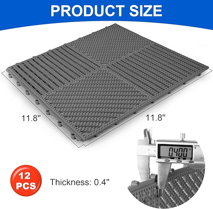MYFAMIREA Modular Interlocking Cushion 12 Pack 11.8" x 11.8" Rubber Floor Tiles Non-Slip Splicing Drainage Mats for Deck, Pool, Shower, Patio, Balcony, Bathroom, Kitchen, Yard (2 Rows Dots, Dark Gray) - Image 2