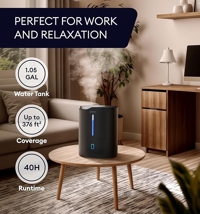 GENIANI Ultrasonic Cool Mist Humidifier for Bedroom, Large Rooms, Home, 4L - Easy Fill & Clean Humidifier for Plants w/Auto Shut-off, 40H Runtime - Quiet, Top Fill Air Humidifier & Vaporizer for Baby - Image 4
