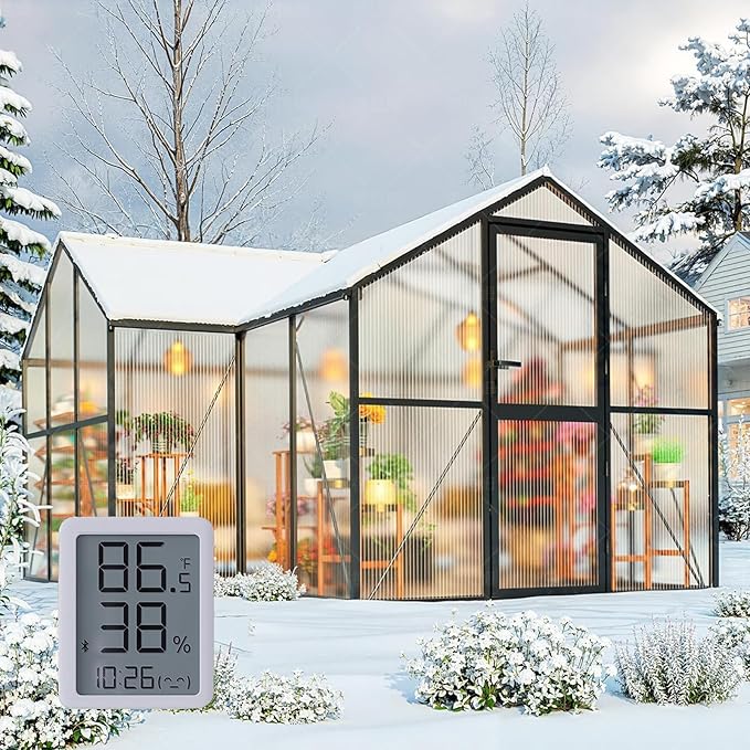 12X12FT Green Houses for Outside, Large Greenhouse for Outdoors and Garden Planting, Walk in Greenhouse Kit with Electronic Thermometers, Withstands Strong Wind or Snow to Protect Vegetables or Plants by WUKHG