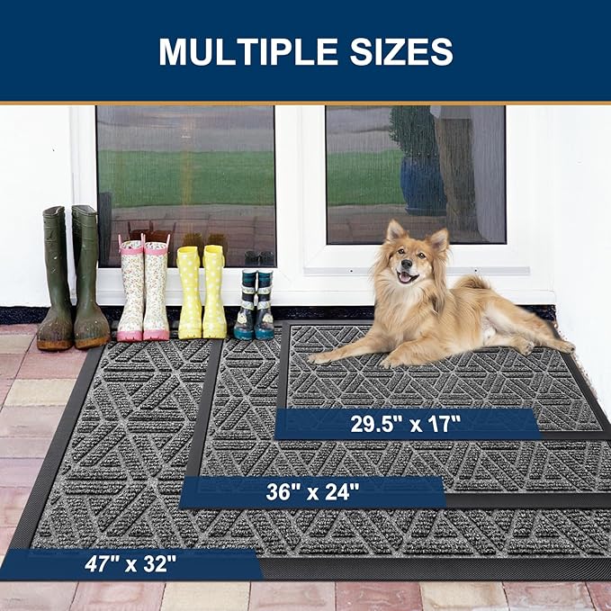 Smiry Front Door Mat Outside Entrance, Heavy Duty Sturdy Natural Rubber Doormat, Trap Dirt and Moisture, Easy Clean Low Profile Mats for Indoor Outdoor Entry, Grid Geometric (47x32, Silver Grey) - Image 2