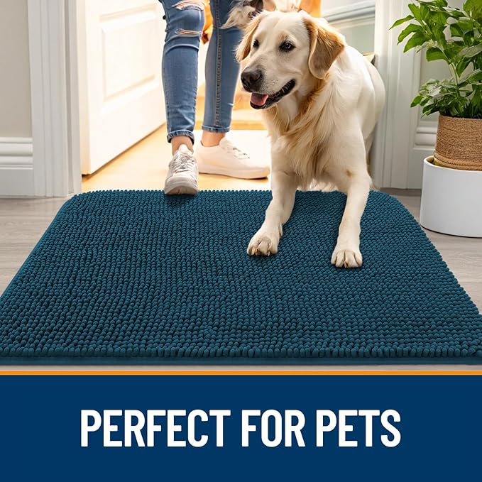 OLANLY Dog Door Mat for Muddy Paws 70x35, Absorbs Moisture and Dirt, Absorbent Non-Slip Washable Doormat, Quick Dry Chenille Mud Mat, Entry Indoor Entryway Carpet for Inside Floor, Atlantic Blue - Image 6
