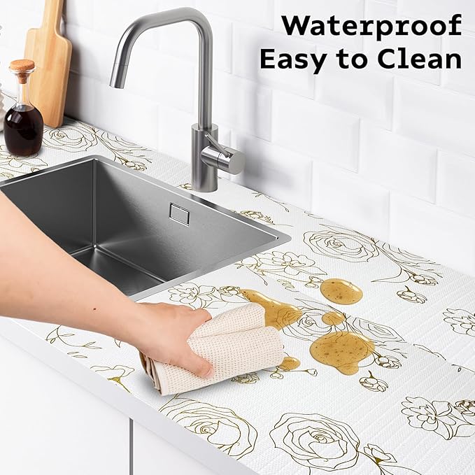 Shelf and Drawer Liner for Kitchen Cabinets Non-Adhesive, Strong Grip Non-Slip Thickened Drawer Liners for Dresser, Cupboard Liner with Knife and Tape Measure, Gold Floral, 12 in x 10 Feet - Image 4