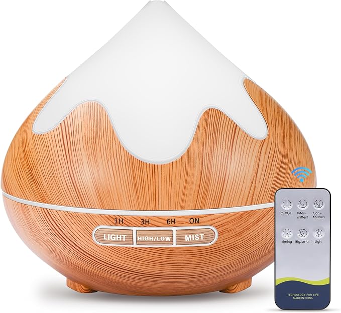 500ML Essential Oil Diffuser, Aromatherapy Diffuser with Remote Control, Multifunctional Air Diffusers for Home Office Room, Fragrance Aroma Diffuser with 7 Color LED & 2 Mist Mode, Light Brown - Image 9