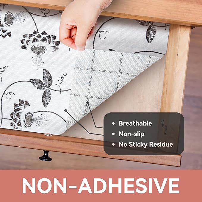 RAY STAR Shelf Liner, Non Adhesive Black Leaves Floral Cabinet Liner for Pantry Drawer, Non Slip, Shelf Liners for Kitchen Cabinets Cupboard 12 Inch x 10 FT (8 Rolls) Signature Delivery - Image 9