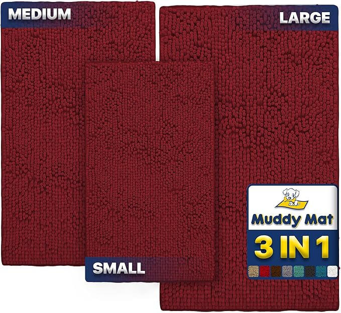Muddy Mat® Pack of 3 Highly Absorbent Microfiber Dog Door Mat and Pet Rug, Non Slip Thick Washable Area Mat Soft Chenille for Kitchen Bathroom Bedroom and Outdoor - Red Small, Medium & Large by MuddyMat%C2%AE