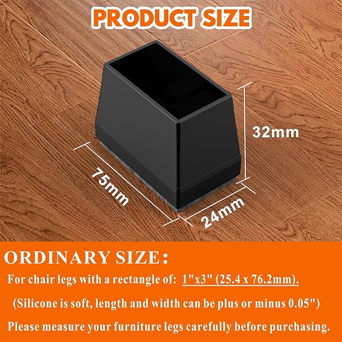 Rectangle Chair Leg Protectors for Hardwood Floors,16 PCS Silicone Covers to Protect Wood Tile Floors Felt Pads Furniture Leg Caps Reduce Noise. Easy to Move. (Black,1 x 3 Inch,Rectangular) - Image 2
