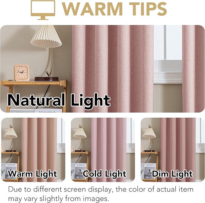 H.VERSAILTEX Linen Curtains 100% Blackout Curtains for Bedroom 63 inch Long Full Light Blocking Nature Linen Blended Window Curtains for Living Room Nickel Grommet (2 Panels, Heathered Baby Pink) - Image 4