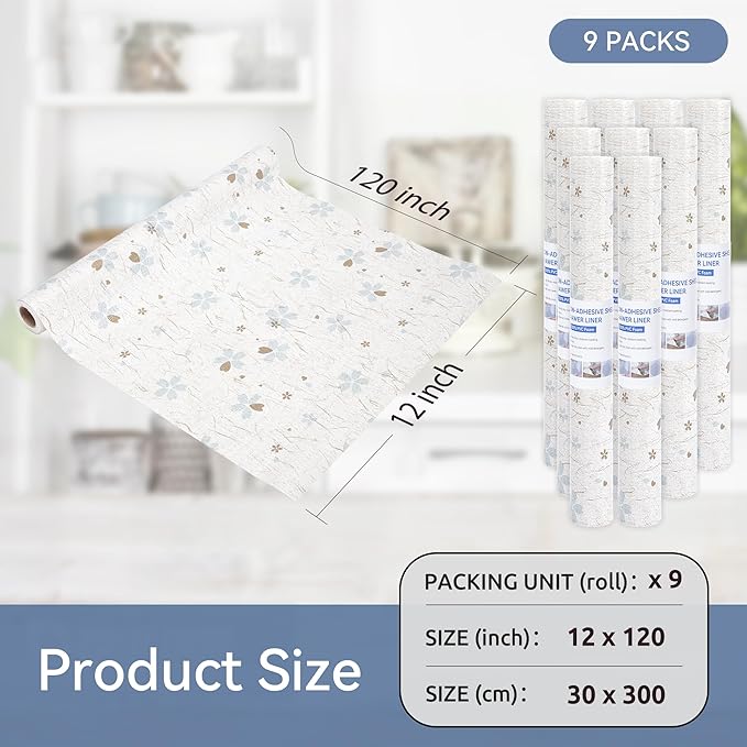 FIFTY FEET 12"x120" Non-Adhesive Shelf Liner for Kitchen Cabinets and Drawers, Washable Non-Slip PVC Cabinet Liner (White Floral)(9 Roll) - Image 5