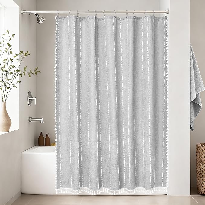 72 x 84 inch Extra Long Boho Chic Shower Curtain Heavyweight with Tassels, Grey Linen Textured Fabric Farmhouse Shower Curtain, Elegant Gray & White Striped Bathroom Curtain Water Repellent - Image 6