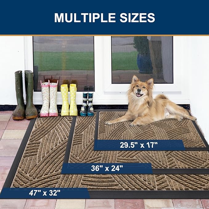 Smiry Front Door Mat Outside Entrance, Heavy Duty Sturdy Natural Rubber Doormat, Trap Dirt and Moisture, Easy Clean Low Profile Mats for Indoor Outdoor Entry, Interwoven Stripes 29.5x17, Brown - Image 2