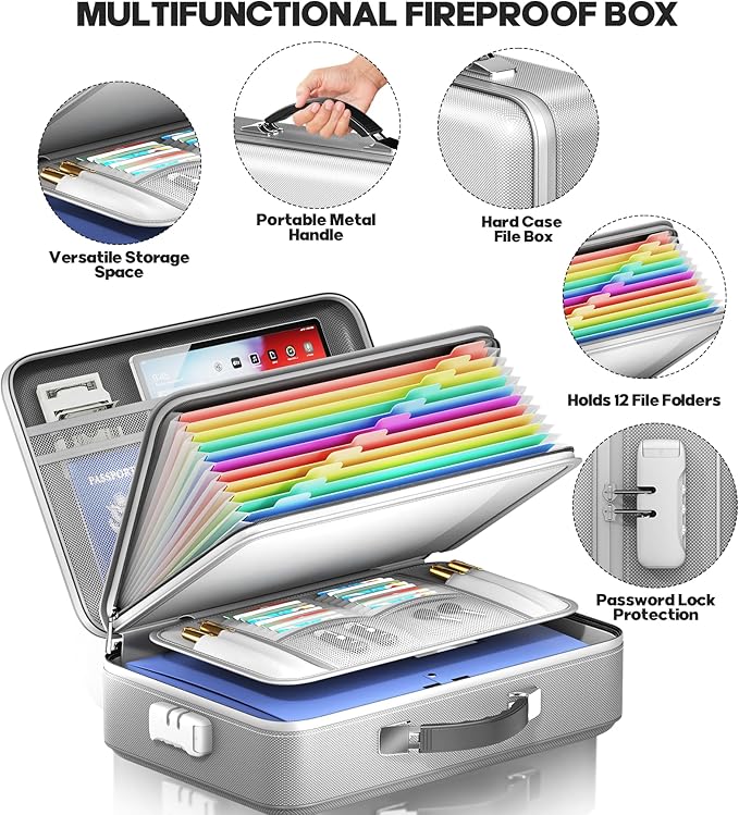 Fireproof Document Box, Hard Case Highly Flame-Resistant Fire Proof Waterproof File Organizer with Lock, Portable Fire Safe for Important Documents & Valuables Storage (Gray, ‎16"*12"*5") - Image 5