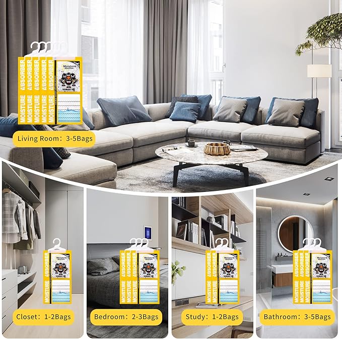 ZSZMFH 15 Pack Moisture Absorber & Max Odor Eliminator Hanging Bag, Charcoal Smell Remove Damp Musty Smell,Hanging Closet Dehumidifier Bags with 25g of Activated Charcoal (220g/pack) Yellow - Image 6