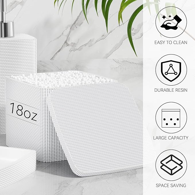 White Bathroom Accessories Set 5 Pieces, Resin Toothbrush Holders Set Complete with Soap Dispenser, Toothbrush Holder, Vanity Tray, Bathroom Tumbler and Qtip Holder for Small Spaces - Image 5