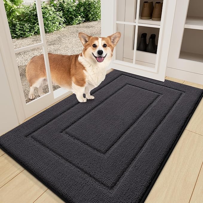 Smiry Dog Door Mat for Muddy Paws, Absorbs Moisture and Dirt, Low-Profile Entryway Mat with Non-Slip Backing, Entry Indoor Outdoor Doormat for Inside Floor (36x24 Inches, Dark Grey, Bordered) by Smiry