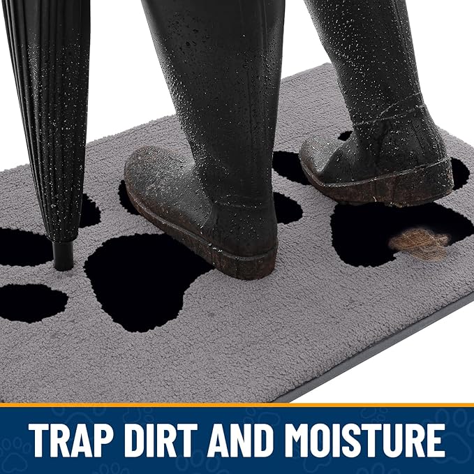 Smiry Dog Door Mat for Muddy Paws, Absorbs Moisture and Dirt, Low-Profile Entryway Mat with Non-Slip Backing, Entry Indoor Outdoor Doormat for Inside Floor (59x35 Inches, Grey, Paw) - Image 2