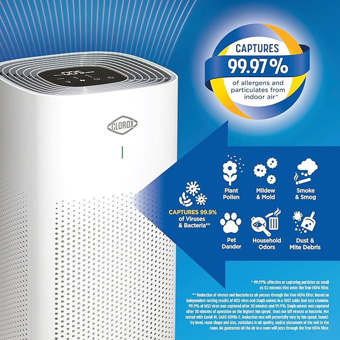 Clorox HEPA Air Purifiers for Home, True HEPA Filter, XL Rooms Up to 2,200 Sq Ft, Removes 99.9% of Mold, Viruses, Wildfire Smoke, Allergens, Pet Allergies, Dust, AUTO Mode, Whisper Quiet - Image 2