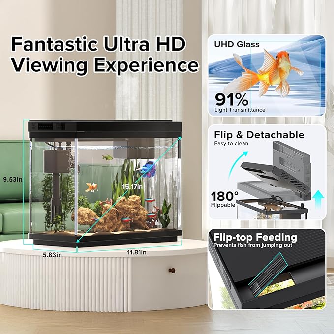 Fish Tank, 2.4 Gallon Fish Aquarium, Fish Tank Starter kit with Smart Humidifier, Temperature Display, 7-Color Lighting, 3 in 1 Quiet Pump with Filteration & Oxygenation & Circulation - Image 4