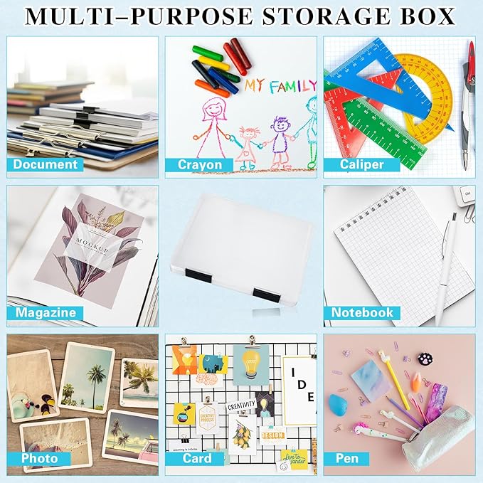 PerKoop 6 Pcs Clear Paper Storage Box A4 Plastic File Box Document Paper Organizer Storage Board Game Project Cases Containers with Buckle for Craft, Magazine(12.4 x 9.84 x 1.18 Inches,Black) - Image 5