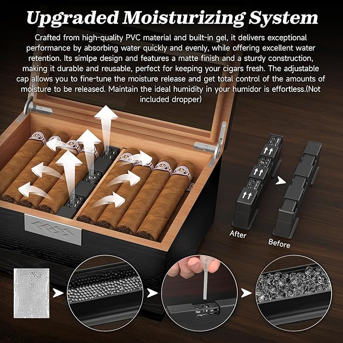 TISFA Cigar Humidor, Cedar Wood Desktop Humidor Box with Digital Hygrometer, Adjustable Humidifier, Accessory Drawer, Divider, Cigar Length Measurement, Glass Top Storage Holder Cigar Case (Black) - Image 6
