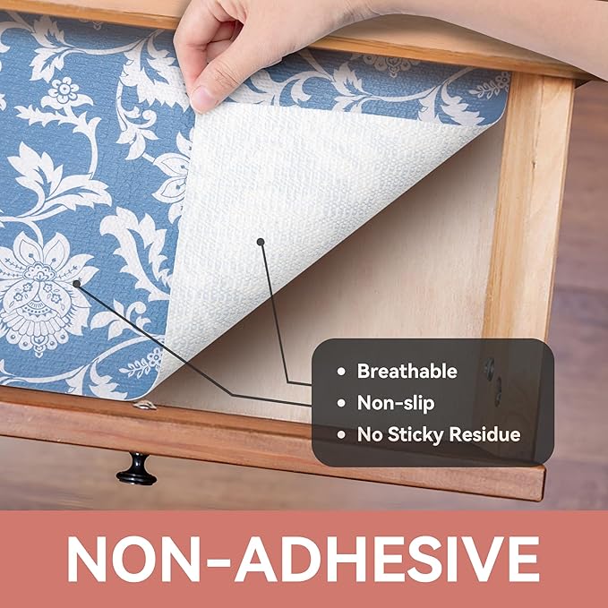 RAY STAR Shelf Liner, Non Adhesive Blue Floral Kitchen Cabinet Liner for Pantry Drawer, Strong Grip Non Slip Waterproof, Durable Shelf Liners for Kitchen Cabinets Cupboard 12 Inch x 10 FT (4 Rolls) - Image 8