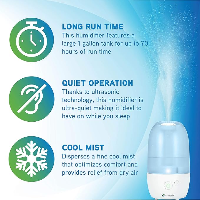 PureGuardian Ultrasonic Cool Mist Humidifier with Aromatherapy Tray, 70-Hour Run Time, 1-Gallon Tank Capacity, 320 Sq. Ft. Coverage for Small Rooms, Quiet Operation, H975AR - Image 3