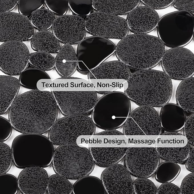 WELTRXE Pebbles Bath Mat for Tub Black Non-Slip Bathtub Mat with Suction Cups, Drain Holes for Bathroom Showers, Tub, Machine Washable, BPA, Latex Free Oval Shower Mats Bath Tub mat, 27 x 14 Inch - Image 3