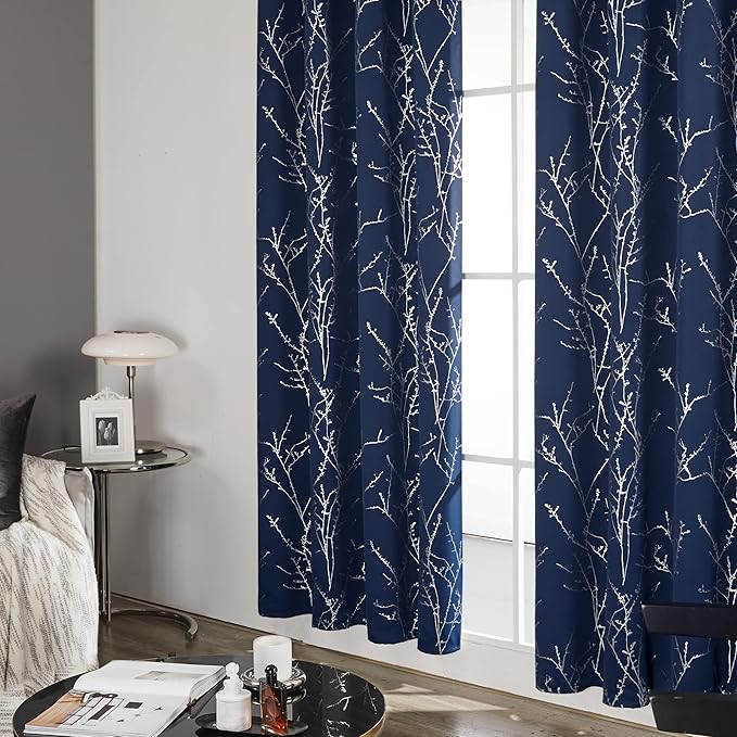 Deconovo Blackout Curtains, Navy Blue Curtain, Thermal Insulated Soundproof Drapes, Branch Silver Print, 42 x 63 Inch Long, Machine Washable Grommet Panels for Bedroom Living Room Office, Set of 2 - Image 4