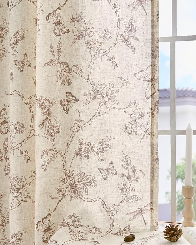 jinchan Floral Linen Curtains for Living Room 96 Inch Length Butterfly Curtain Taupe Floral Curtains French Country Farmhouse Curtain Flower Patterned Drapes Window Treatment Set 2 Panels - Image 9