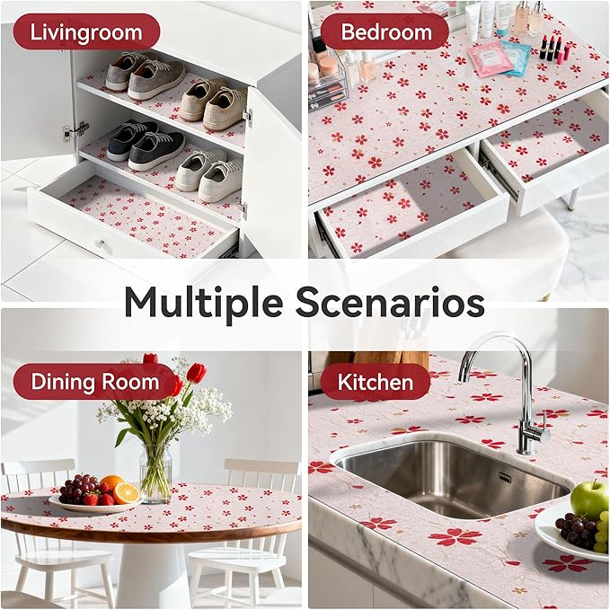 FIFTY FEET 12"x120" Non-Adhesive Shelf Liner for Kitchen Cabinets and Drawers, Washable Non-Slip PVC Cabinet Liner (Red Floral)(4 Roll) - Image 9