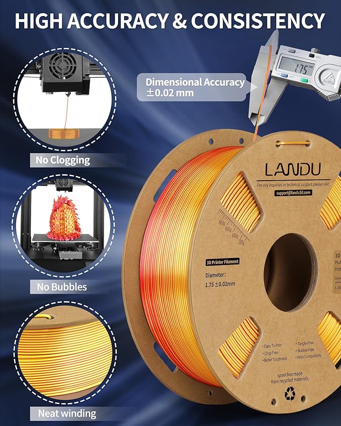 LANDU Silk Dual Color PLA Filament 1.75mm 1KG, 3D Printer Filament Dimensional Accuracy +/- 0.02mm, Coextrusion Filament PLA Shiny Filament Fits for Most FFF 3D Printers,1KG Spool (2.2lbs) Red Gold - Image 5