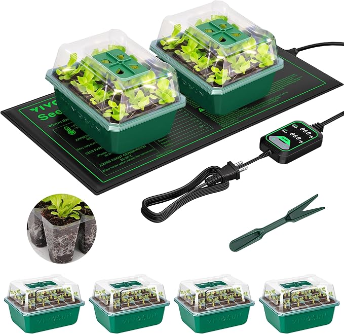VIVOSUN 6-Pack Seed Starter Trays with 10"x20.75" Seedling Heat Mat, Self-Adjusting Dual Digital Display Temperature Controller, 72-Cell Seed Starter Kit with Humidity Dome, Reusable Propagation Trays by VIVOSUN