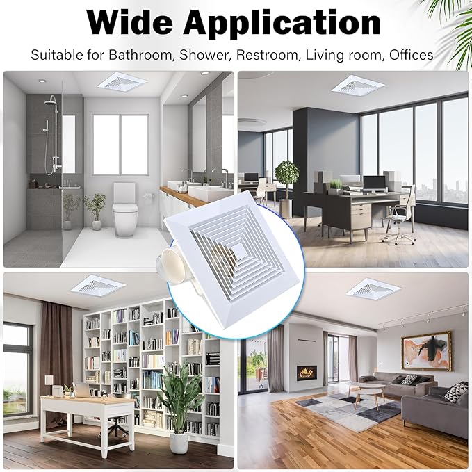 FEITON 110 CFM Bathroom Fan Exhaust Fan Ceiling Mount, 30W, 110V, 1.0 Sones, Square Quiet Ventilation, 4-in Duct, 8.8" x 8.8" Mounting Hole - Image 6
