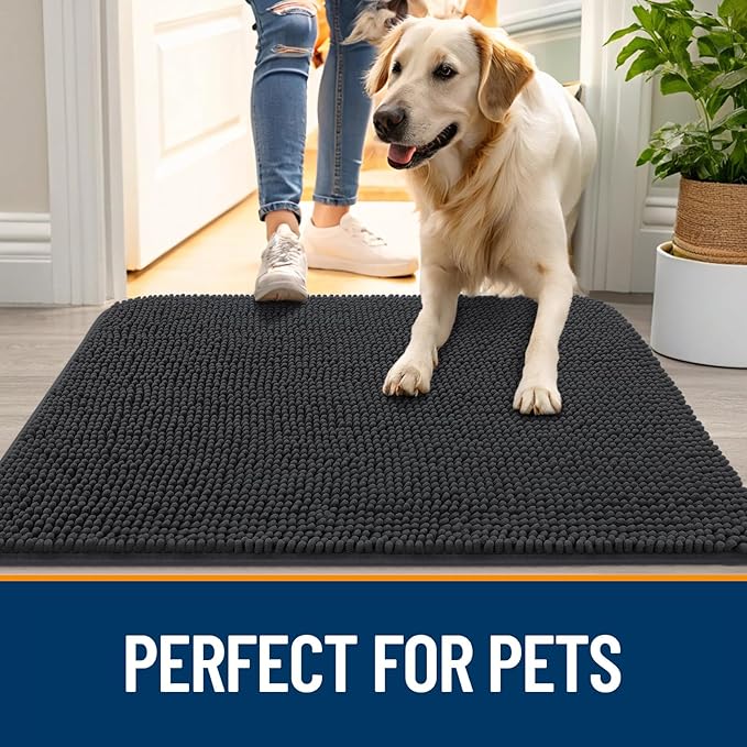 OLANLY Dog Door Mat for Muddy Paws 47x17, Absorbs Moisture and Dirt, Absorbent Non-Slip Washable Doormat, Quick Dry Chenille Mud Mat for Dogs, Entry Indoor Entryway Carpet for Inside Floor, Dark Grey - Image 6