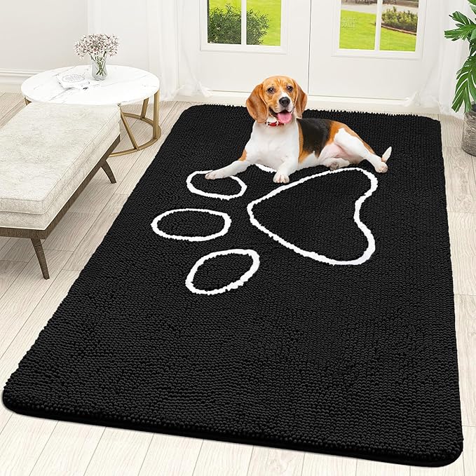 OLANLY Dog Door Mat for Muddy Paws 70x46, Paw Print Design, Absorbs Moisture and Dirt, Absorbent Non-Slip Washable Doormat, Quick Dry Chenille Mud Mat for Dogs, Entry Indoor Entryway Carpet, Black by OLANLY