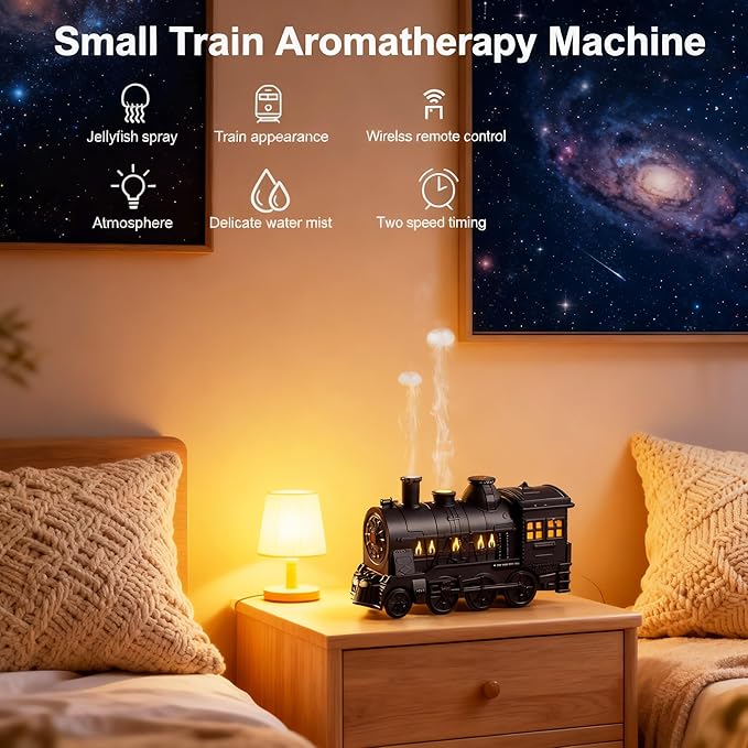 Valentine's Day Train Humidifier 300ml, Dual Mist Outlets Cool Mist Diffuser with 2/8H Timer, for Aromatherapy & Air Humidity, Desktop Decor(Black) - Image 4