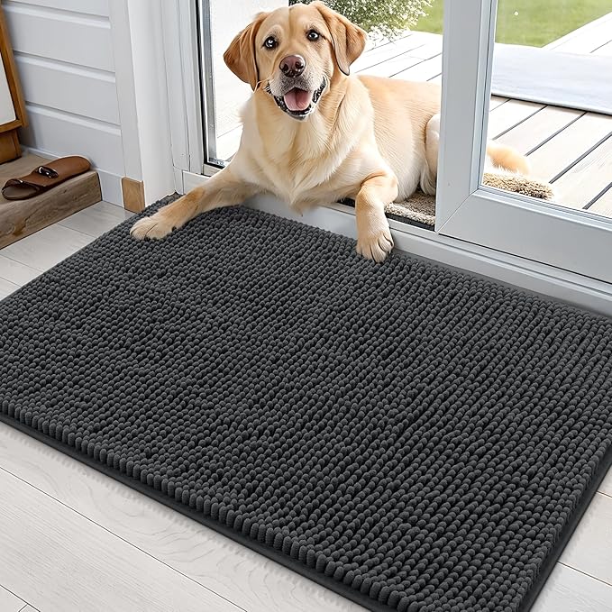 OLANLY Dog Door Mat for Muddy Paws 35x24, Absorbs Moisture and Dirt, Absorbent Non-Slip Washable Doormat, Quick Dry Chenille Mud Mat for Dogs, Entry Indoor Entryway Carpet for Inside Floor, Dark Grey by OLANLY