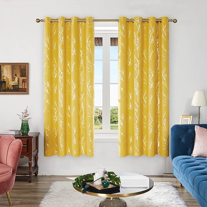 Deconovo Blackout Curtains Yellow, 52 x 84 Inch 2 Panels Set Drapes for Living Room, Modern Silver Tree Print Pattern, Thermal Insulated Soundproof Window Panel for Bedroom Office, Machine Washable - Image 3