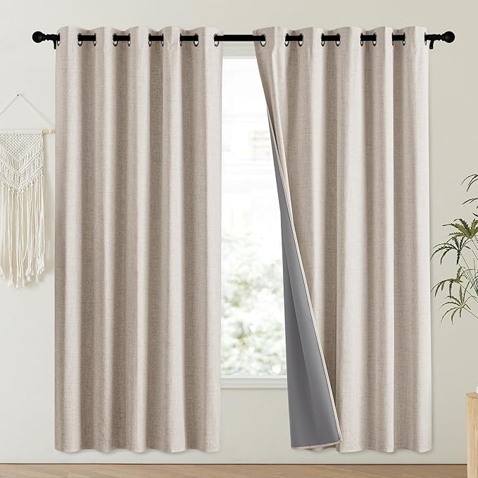 NICETOWN Oatmeal Vintage Open Linen Weave Flax Thermal Curtains, 100% Blackout Curtains 72" Long for Dining Room, Soundproof Window Treatment Drapes for Laundry Room, 62" Wide Per Panel, Set of 2 - Image 2