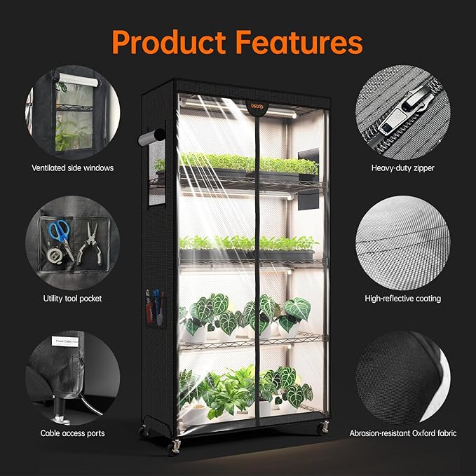 Bstrip Indoor Greenhouse with Grow Light, Plant Stand with 4 Pack 24W Full Spectrum Plant Lights, Plant Shelf with Tent for Indoor Plant, Seed Starting, Seed Tray, 29.5"x13.8"x59" - Image 5