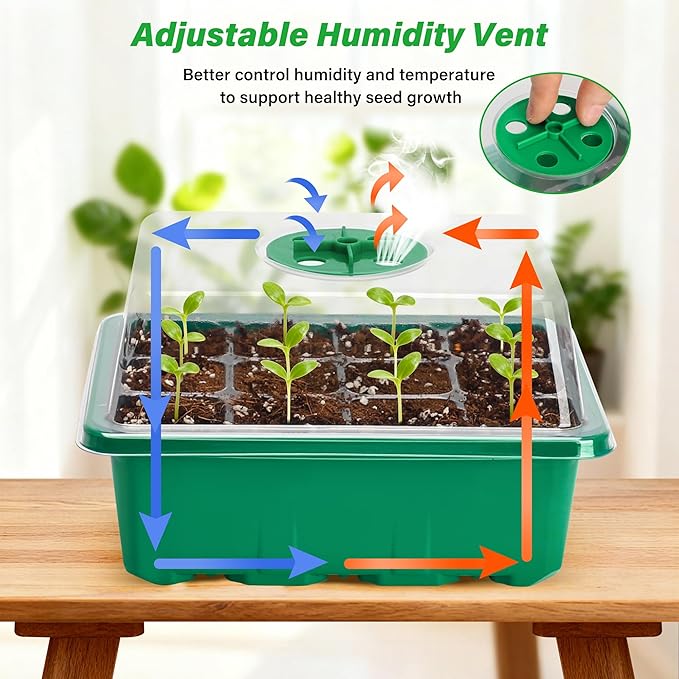 Bonviee 5-Pack Seed Starter Trays, Seed Starter Kit with Adjustable Humidity Dome and Base Indoor Greenhouse Mini Propagator for Seeds Growing Starting (12 Cells Per Tray, Green) - Image 3