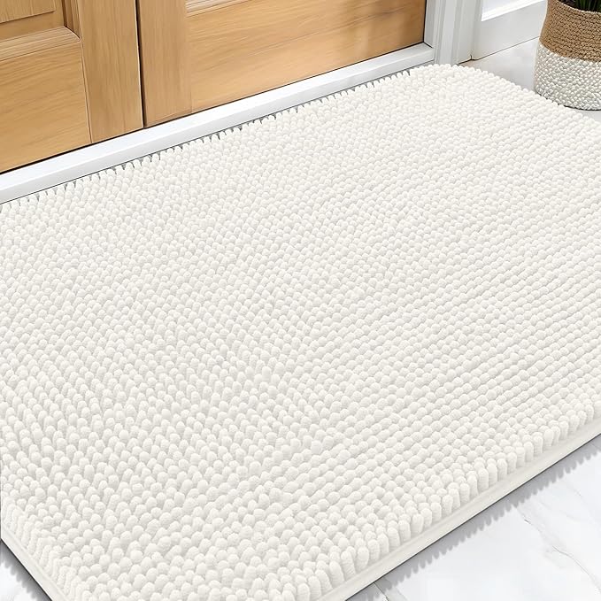 OLANLY Dog Door Mat for Muddy Paws 30x20, Absorbs Moisture and Dirt, Absorbent Non-Slip Washable Doormat, Quick Dry Chenille Mud Mat for Dogs, Entry Indoor Entryway Carpet for Inside Floor, Ivory by OLANLY