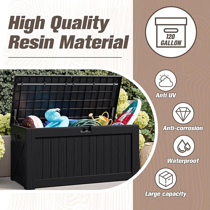 JUMMICO 120 Gallon Resin Deck Box, Large Outdoor Storage Box Waterproof & Lockable for Garden, Patio, Pools (Black) - Image 3