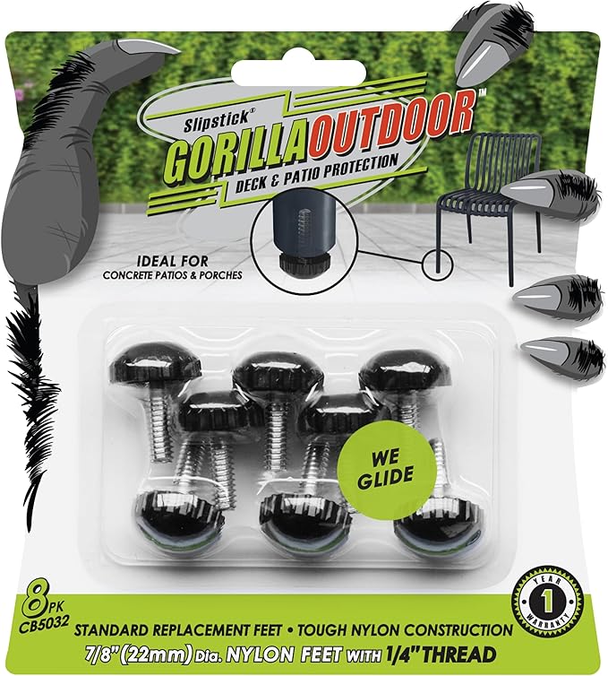 Slipstick Gorilla Outdoor Adjustable Furniture Levelers (8 Pack) Weatherproof Screw in Leg Glides for Chairs, Tables, and Outdoor Furniture Feet, 7/8 Inch Nylon Spherical Glide, 1/4"-20 BSW Thread by Slipstick