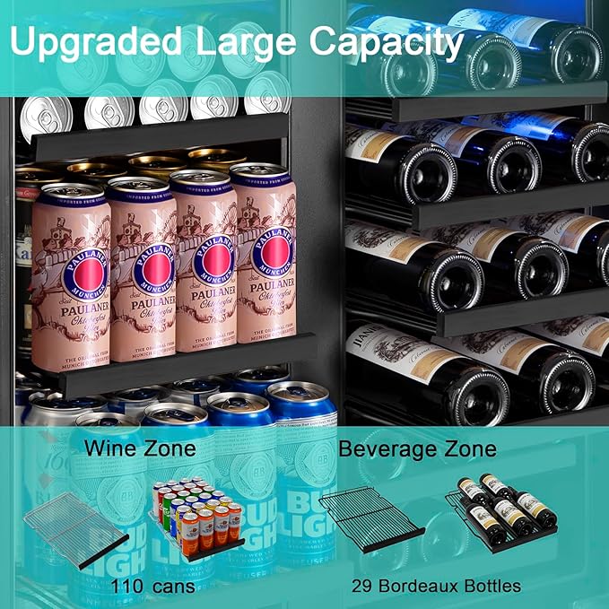 30 Inch Wine and Beverage Refrigerator, Upgrade Dual Zone Wine Cooler, 30'' Wine beverage Fridge Built in or Freestanding Under Counter Large Capacity Glass Door Advanced Cooling System,Black - Image 3
