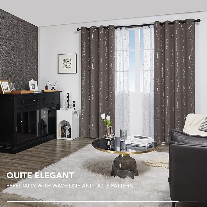 Deconovo Blackout Curtains, Thermal Insulaed Soundproof Drapes, Wave Dots Silver Print, 52 x 108 Inch Long, Set of 2, Machine Washable Window Panel for Sliding Door Bedroom Living Room Nursery, Taupe - Image 8
